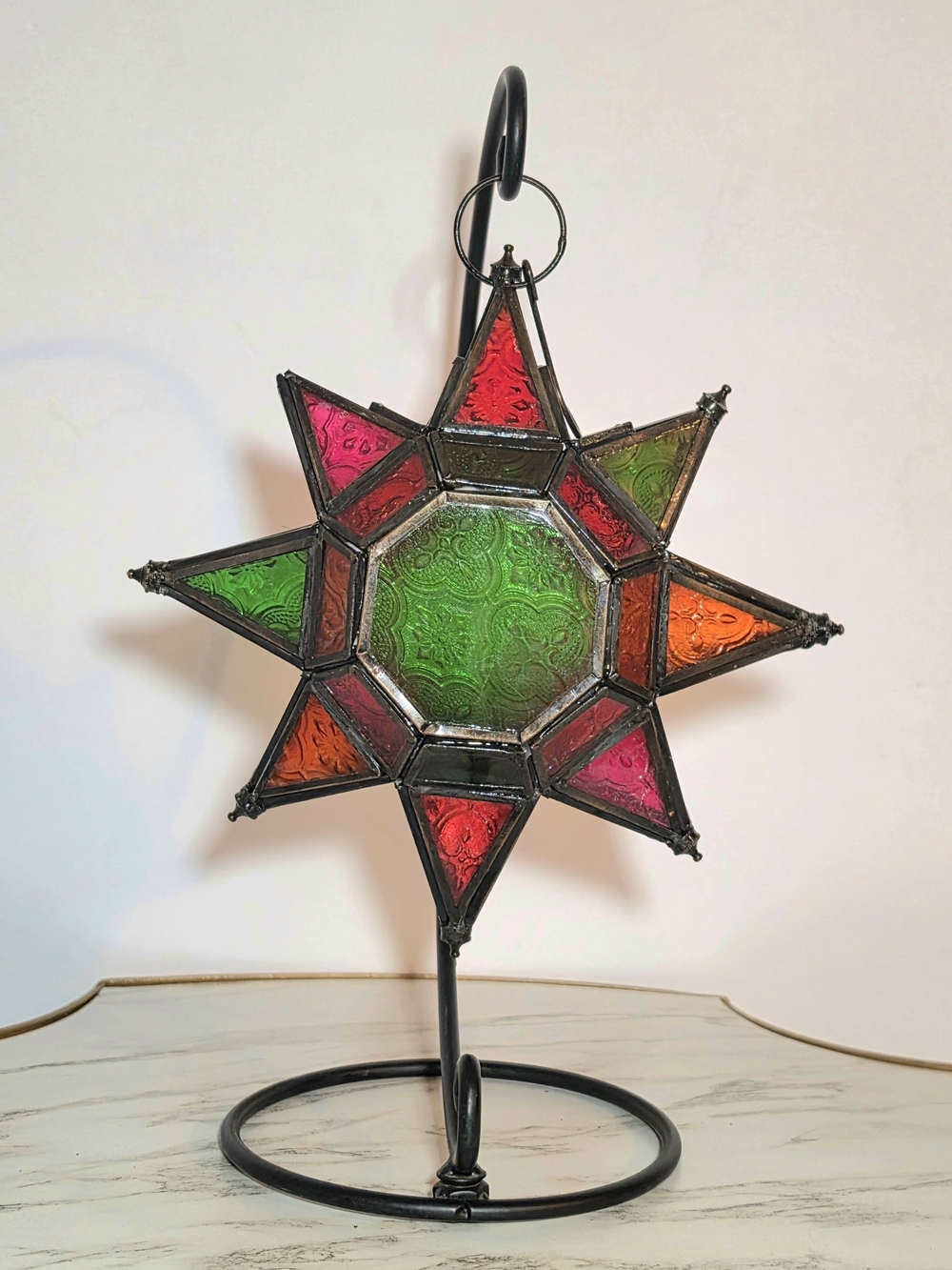 Stained Glass Star Tea light Holder - Red, Green & Orange Decorative Hanging Art